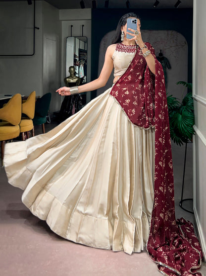 Monga Silk Navarathri Lehenga with Mirror Work Blouse & Satin Chiffon Dupatta