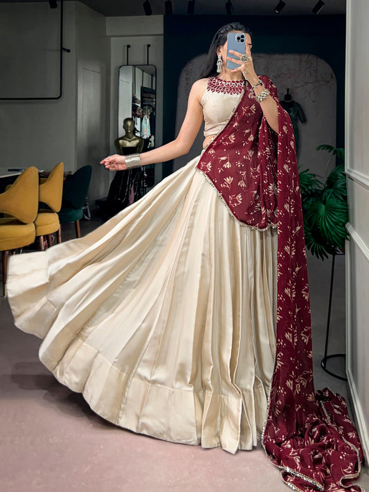 Monga Silk Navarathri Lehenga with Mirror Work Blouse & Satin Chiffon Dupatta