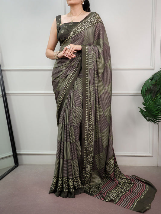 Olive Green Printed Satin Silk Saree