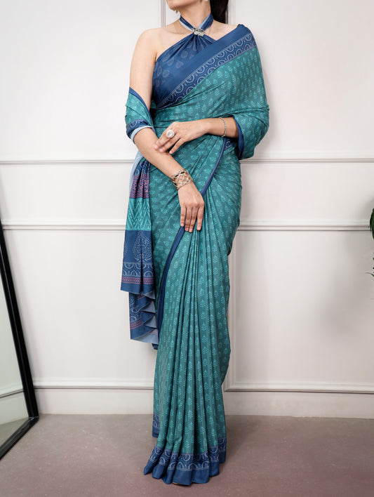 Teal Green Printed Satin Silk Saree