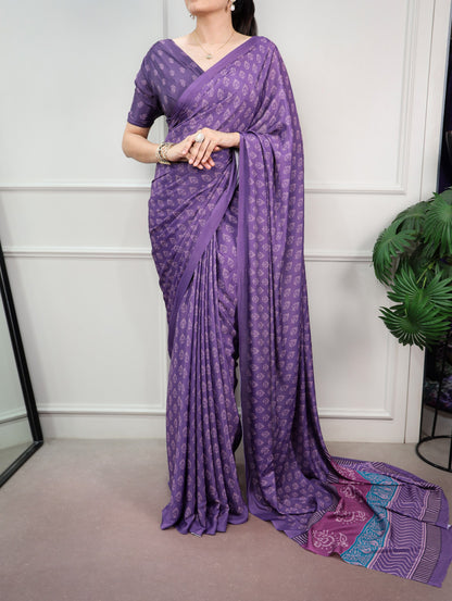 Purple Printed Satin Silk Saree