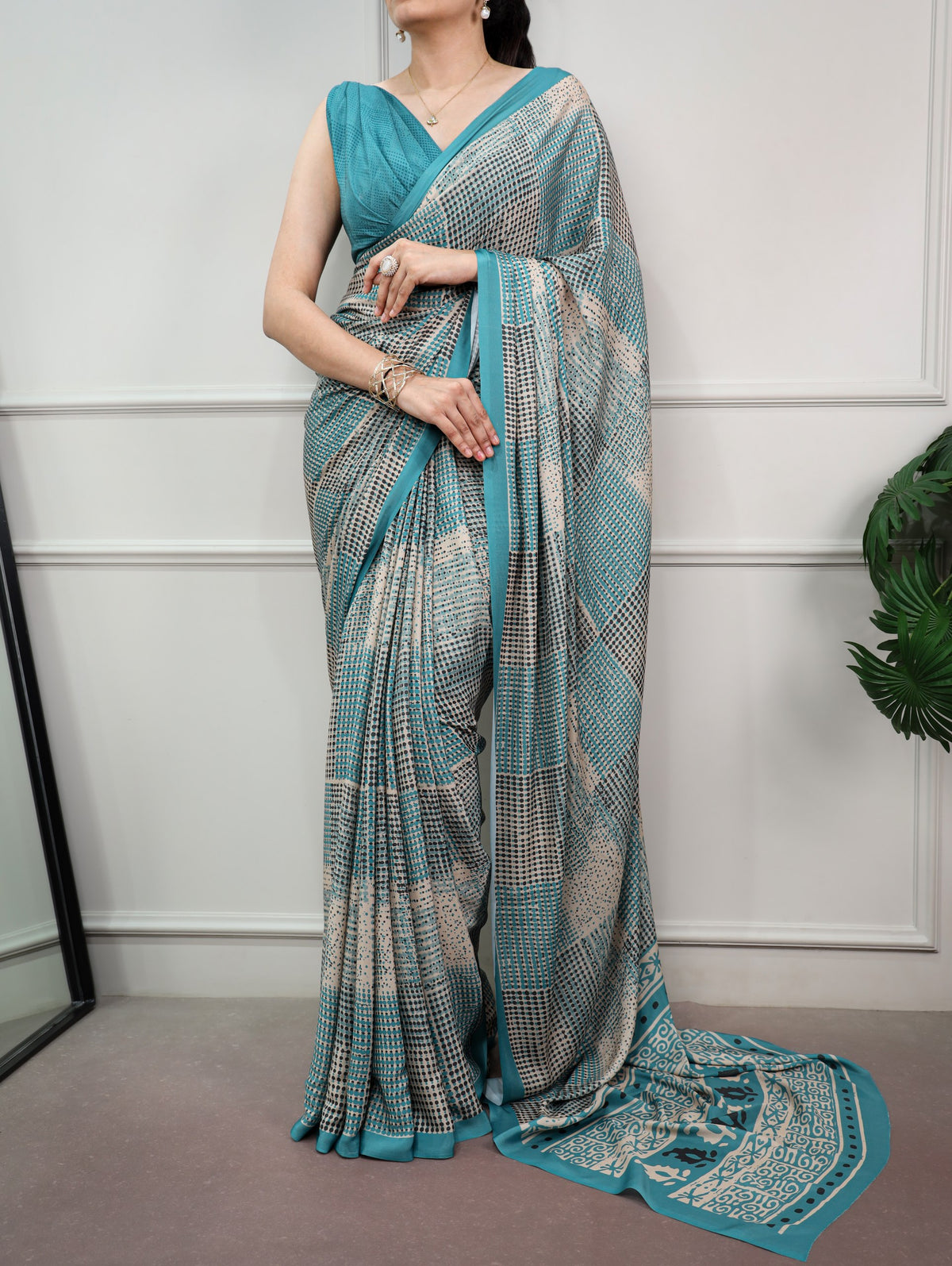 Teal Blue Printed Satin Silk Saree