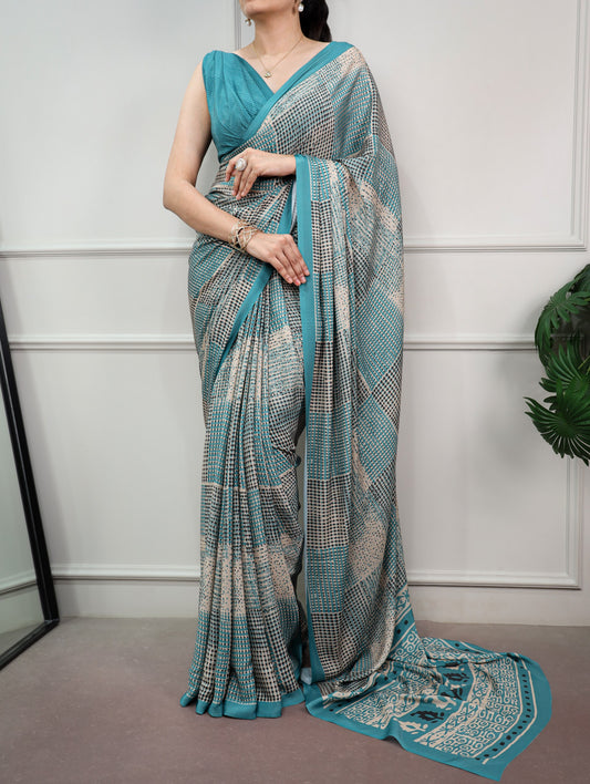 Teal Blue Printed Satin Silk Saree