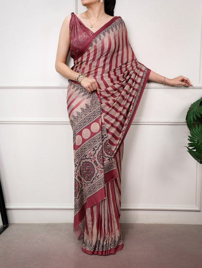 Wine Printed Satin Silk Saree