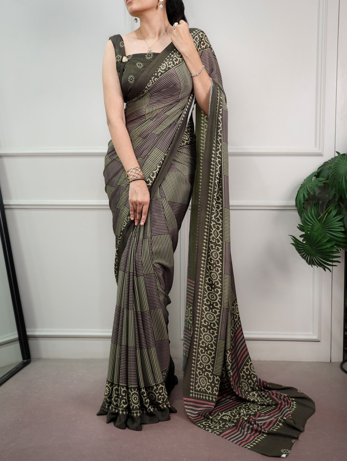 Olive Green Printed Satin Silk Saree