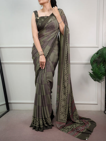 Olive Green Printed Satin Silk Saree
