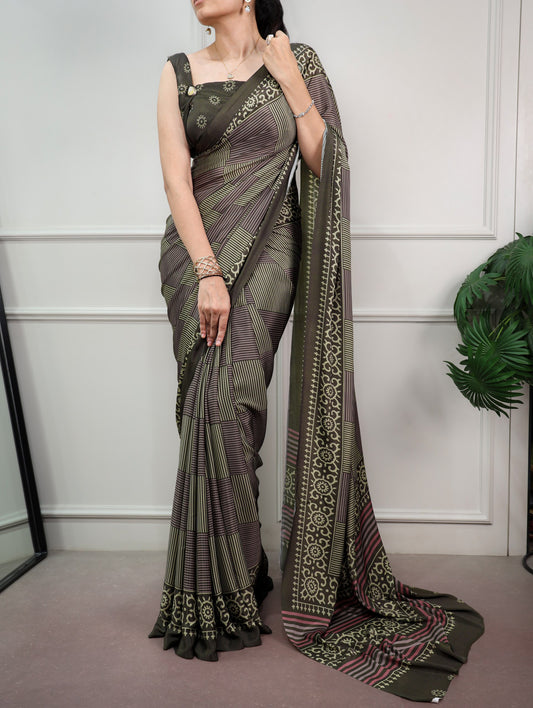 Olive Green Printed Satin Silk Saree