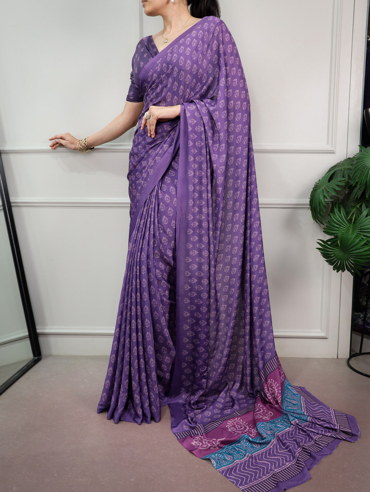 Purple Printed Satin Silk Saree