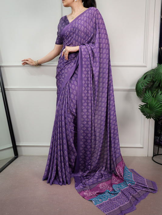 Purple Printed Satin Silk Saree