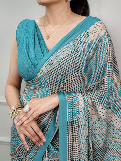 Teal Blue Printed Satin Silk Saree