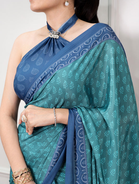 Teal Green Printed Satin Silk Saree