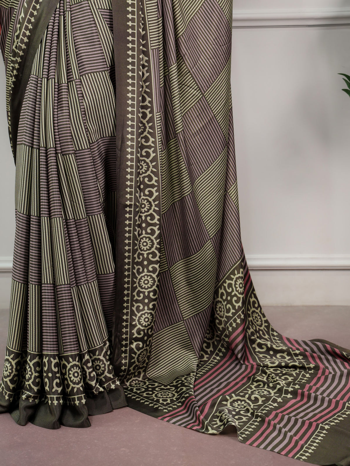 Olive Green Printed Satin Silk Saree