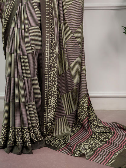 Olive Green Printed Satin Silk Saree