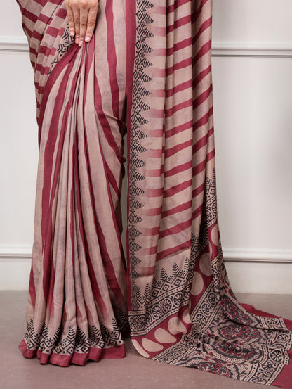 Wine Printed Satin Silk Saree