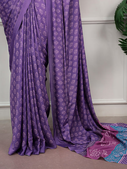 Purple Printed Satin Silk Saree