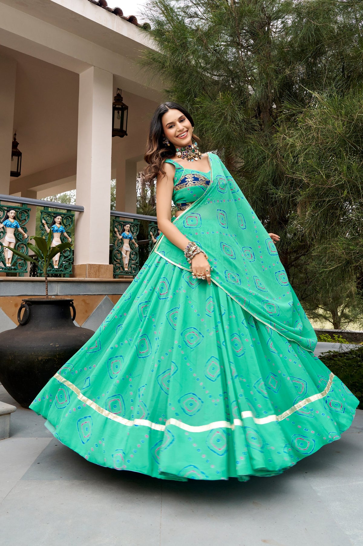 Ghumar Navarathri Lehenga with Bandhej Print & Gota Patti