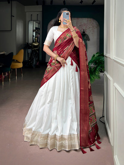 Poly Kanjivaram Lehenga with Zari Border & Kalamkari Dupatta