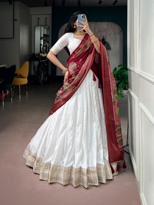Poly Kanjivaram Lehenga with Zari Border & Kalamkari Dupatta