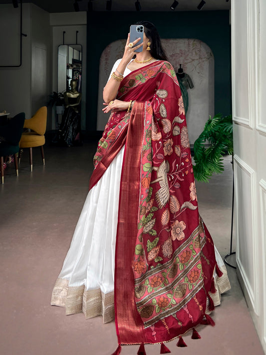 Poly Kanjivaram Lehenga with Zari Border & Kalamkari Dupatta