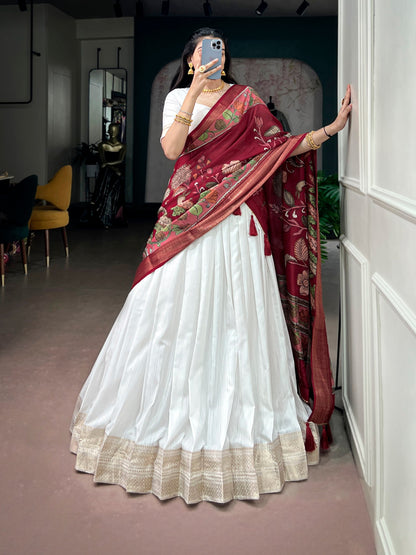Poly Kanjivaram Lehenga with Zari Border & Kalamkari Dupatta