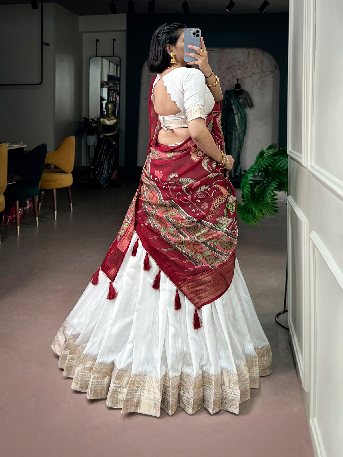 Poly Kanjivaram Lehenga with Zari Border & Kalamkari Dupatta