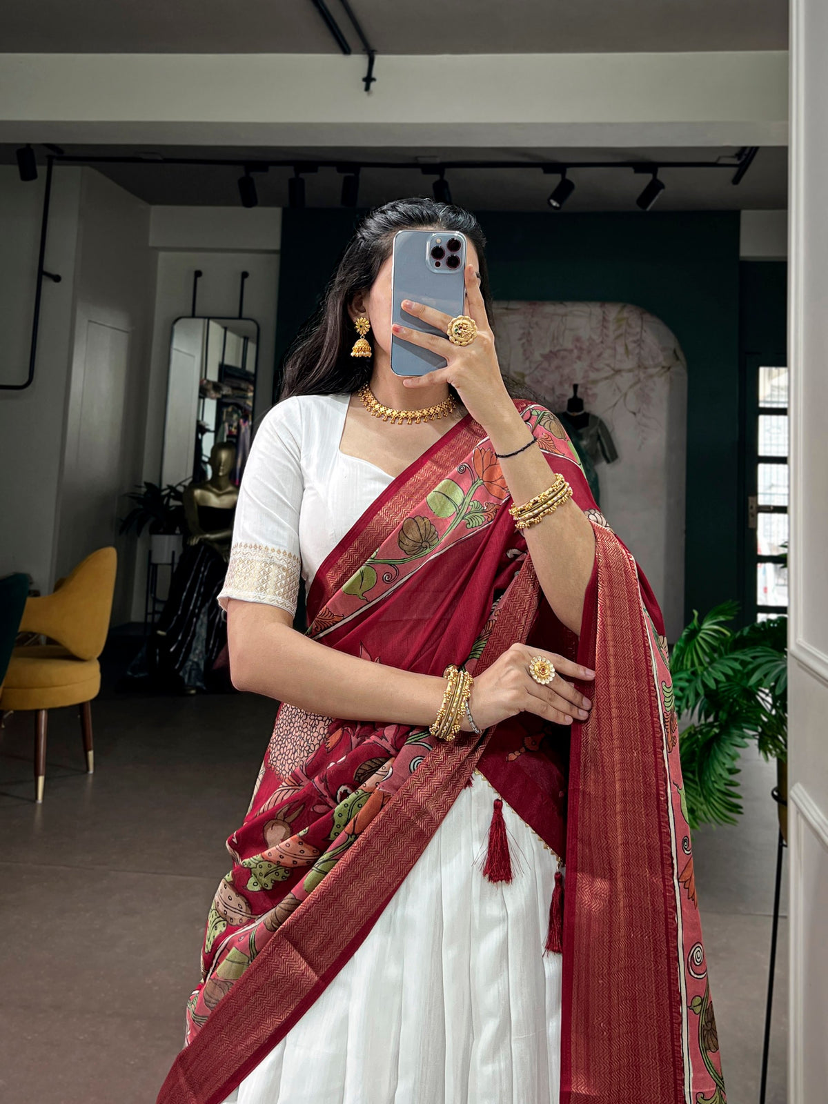 Poly Kanjivaram Lehenga with Zari Border & Kalamkari Dupatta