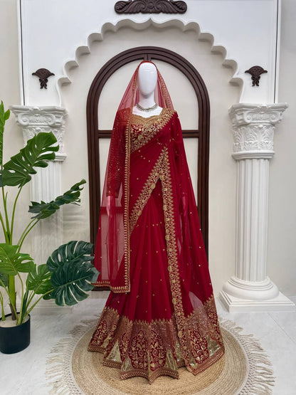 Wine Red Faux Georgette Saree with Intricate Thread & Sequin Work