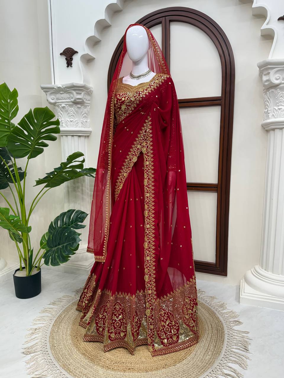 Wine Red Faux Georgette Saree with Intricate Thread & Sequin Work