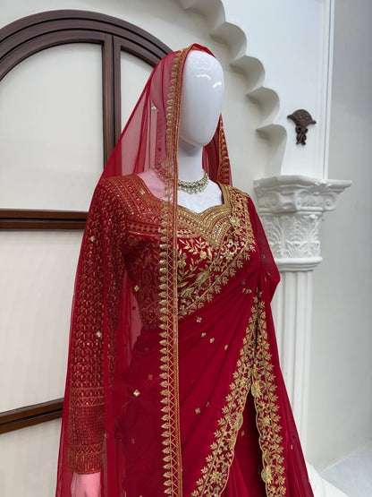 Wine Red Faux Georgette Saree with Intricate Thread & Sequin Work