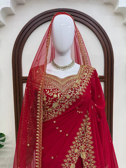 Wine Red Faux Georgette Saree with Intricate Thread & Sequin Work