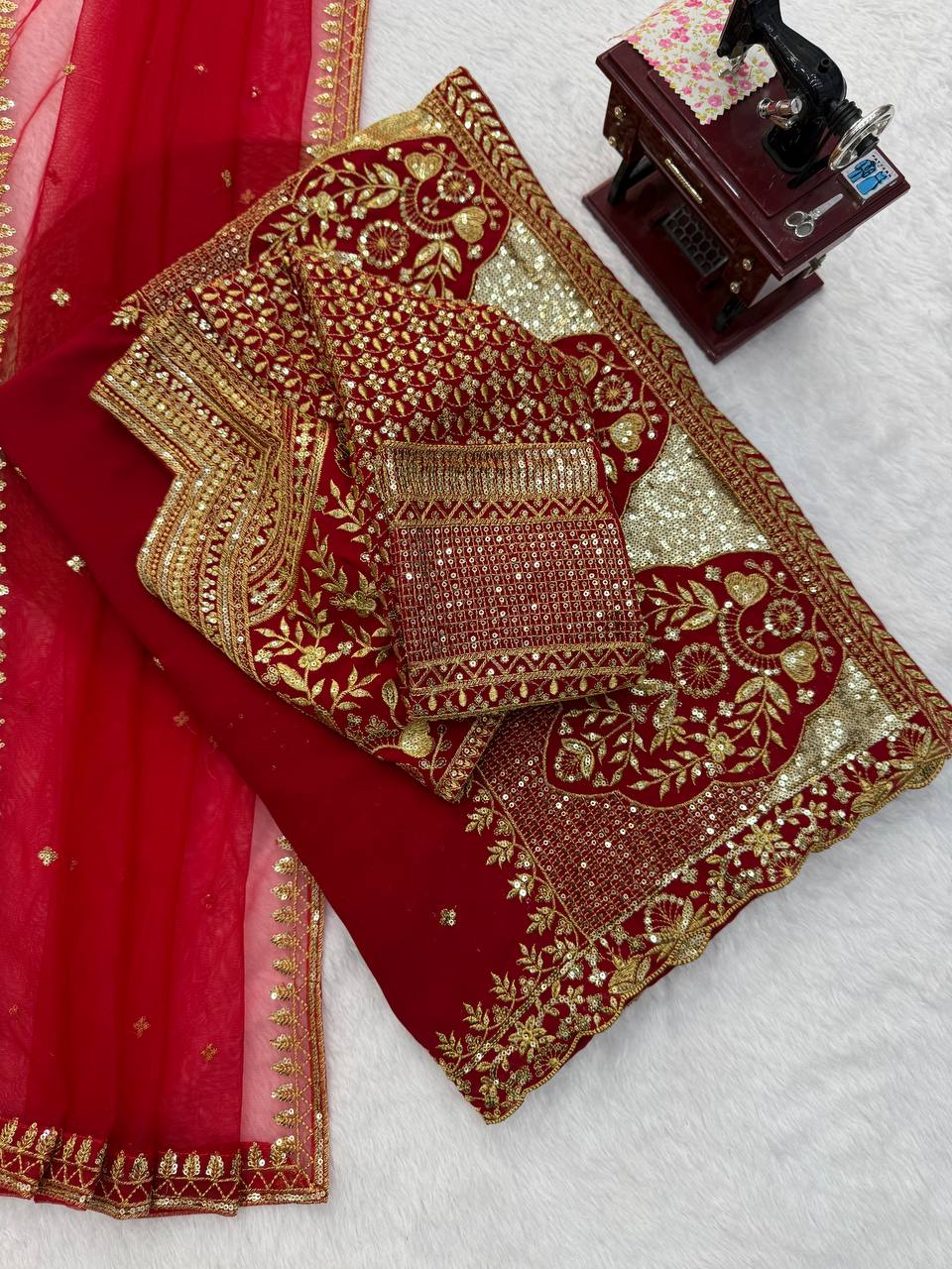 Wine Red Faux Georgette Saree with Intricate Thread & Sequin Work