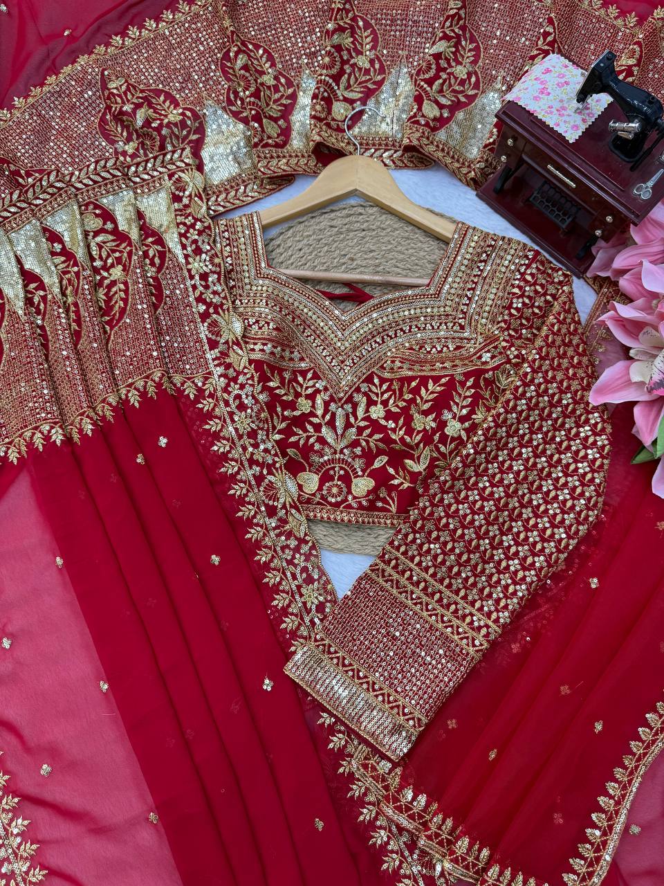 Wine Red Faux Georgette Saree with Intricate Thread & Sequin Work