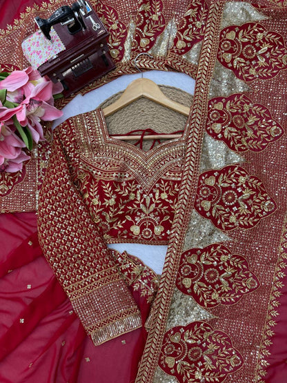Wine Red Faux Georgette Saree with Intricate Thread & Sequin Work