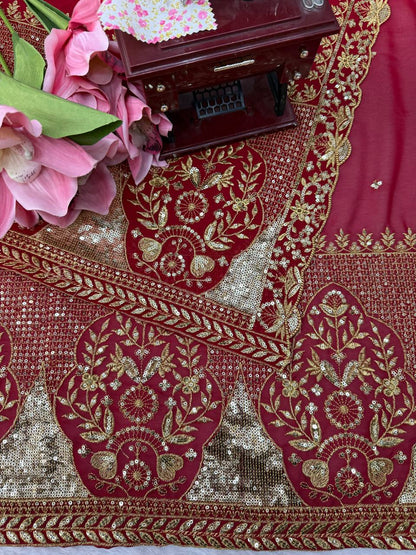 Wine Red Faux Georgette Saree with Intricate Thread & Sequin Work