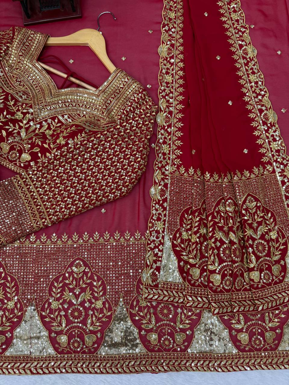 Wine Red Faux Georgette Saree with Intricate Thread & Sequin Work