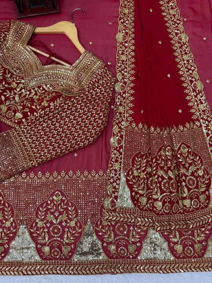 Wine Red Faux Georgette Saree with Intricate Thread & Sequin Work