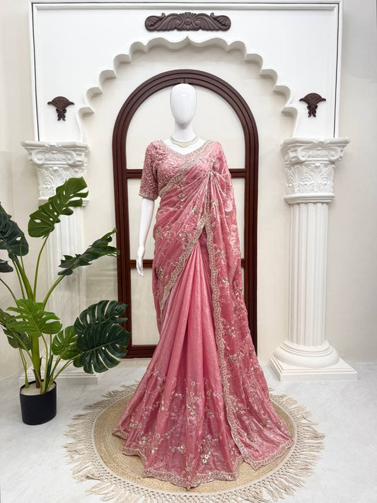 Rose Pink Fendy Silk Saree with Heavy Beads & Sequin Work