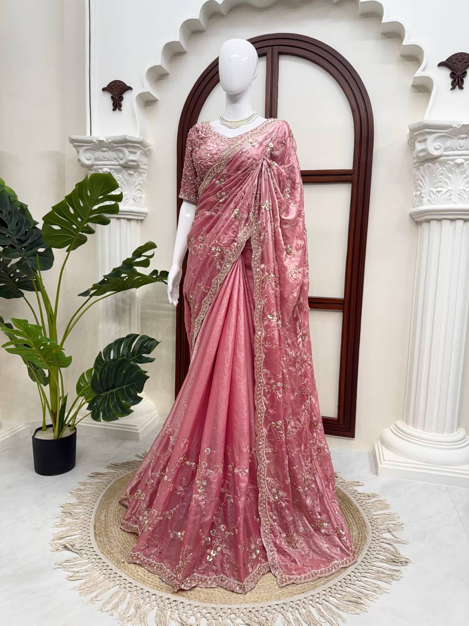 Rose Pink Fendy Silk Saree with Heavy Beads & Sequin Work