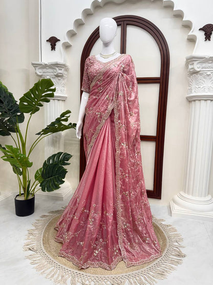 Rose Pink Fendy Silk Saree with Heavy Beads & Sequin Work