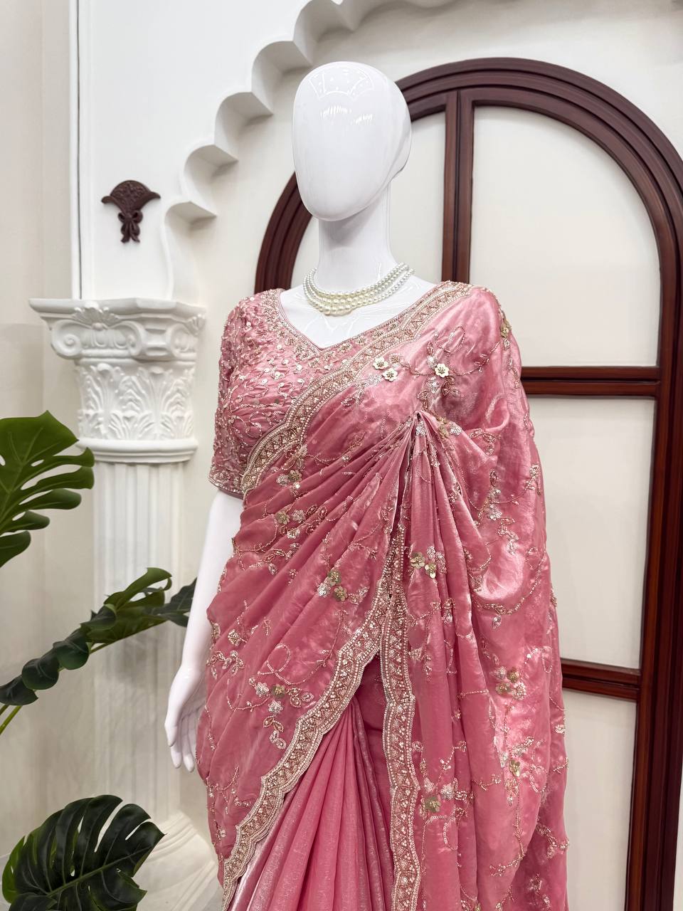 Rose Pink Fendy Silk Saree with Heavy Beads & Sequin Work