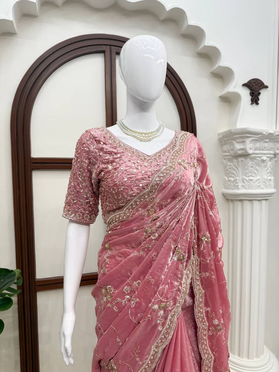Rose Pink Fendy Silk Saree with Heavy Beads & Sequin Work