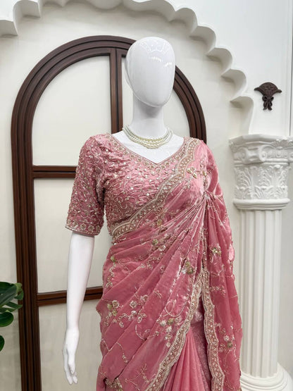 Rose Pink Fendy Silk Saree with Heavy Beads & Sequin Work