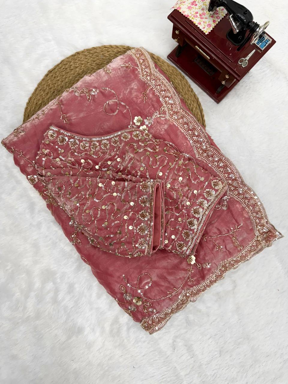 Rose Pink Fendy Silk Saree with Heavy Beads & Sequin Work