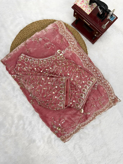 Rose Pink Fendy Silk Saree with Heavy Beads & Sequin Work