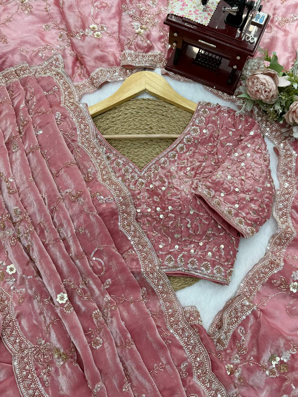 Rose Pink Fendy Silk Saree with Heavy Beads & Sequin Work