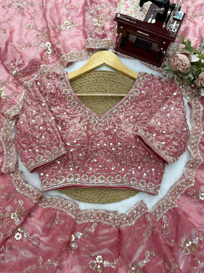 Rose Pink Fendy Silk Saree with Heavy Beads & Sequin Work