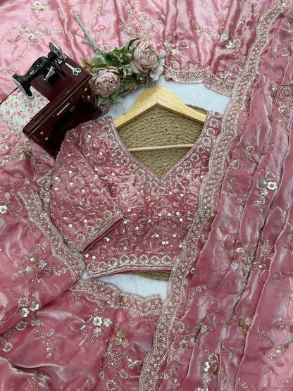 Rose Pink Fendy Silk Saree with Heavy Beads & Sequin Work