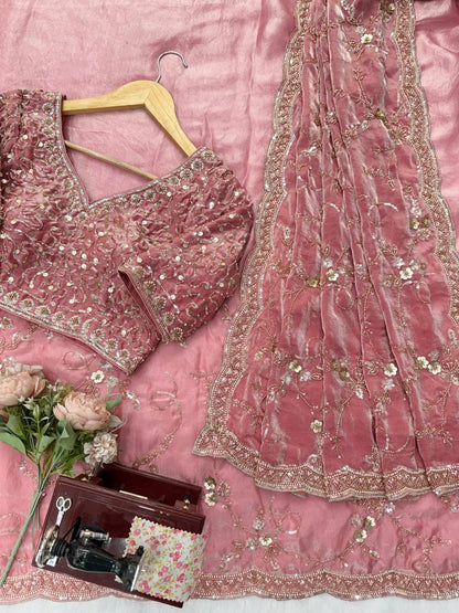 Rose Pink Fendy Silk Saree with Heavy Beads & Sequin Work