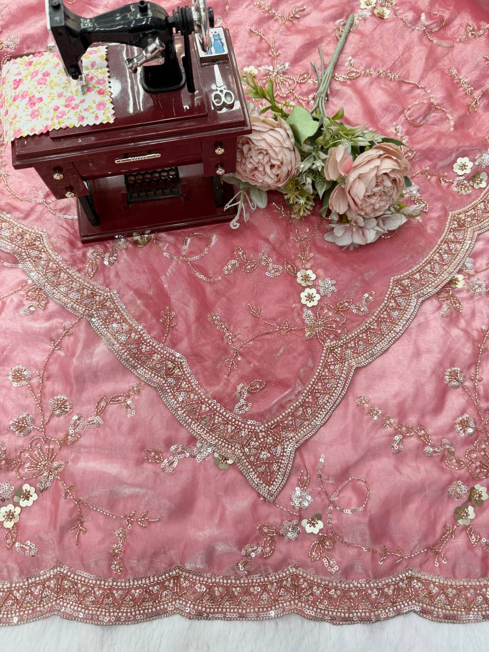 Rose Pink Fendy Silk Saree with Heavy Beads & Sequin Work