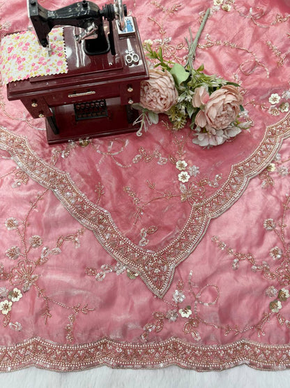 Rose Pink Fendy Silk Saree with Heavy Beads & Sequin Work